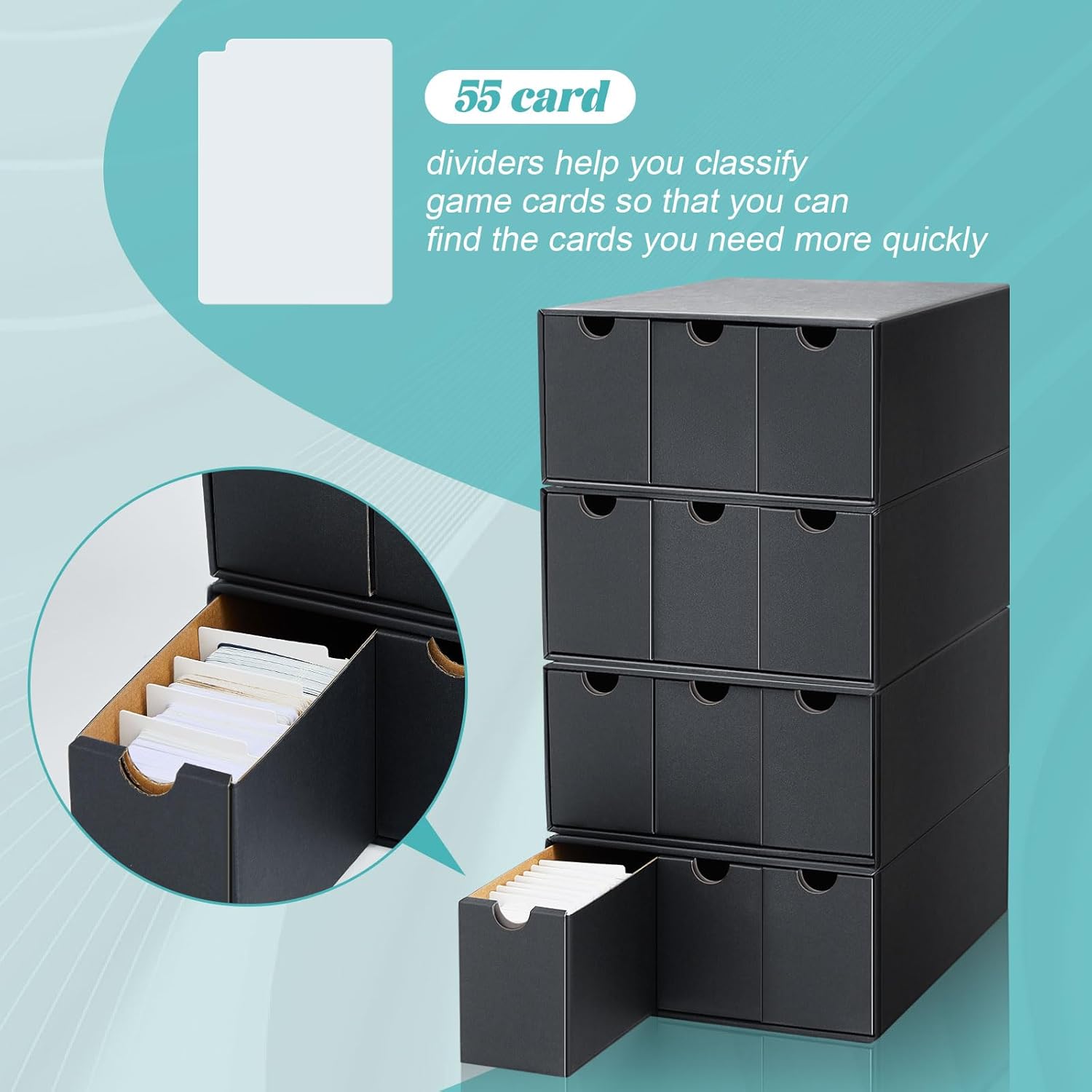 Cholemy Trading Card Storage Box Card Organizer 15000+ with 70 Cardboard Storage Divider, Label Sticker for Collection Compatible with Tcg, Sport Cards(4 Row, 3 in A Row,Black)
