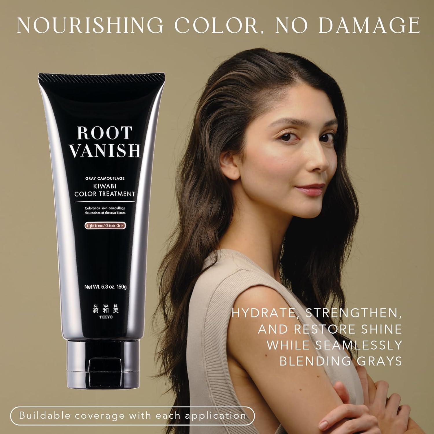 Kiwabi Color-Depositing Treatment for Gray Coverage – Subtle & Buildable Hair Gloss Color Benefit – Gradual, Semi Permanent Hair Color – Sulfate-Free, Ammonia-Free – 31 Botanical Extracts, Dark Brown