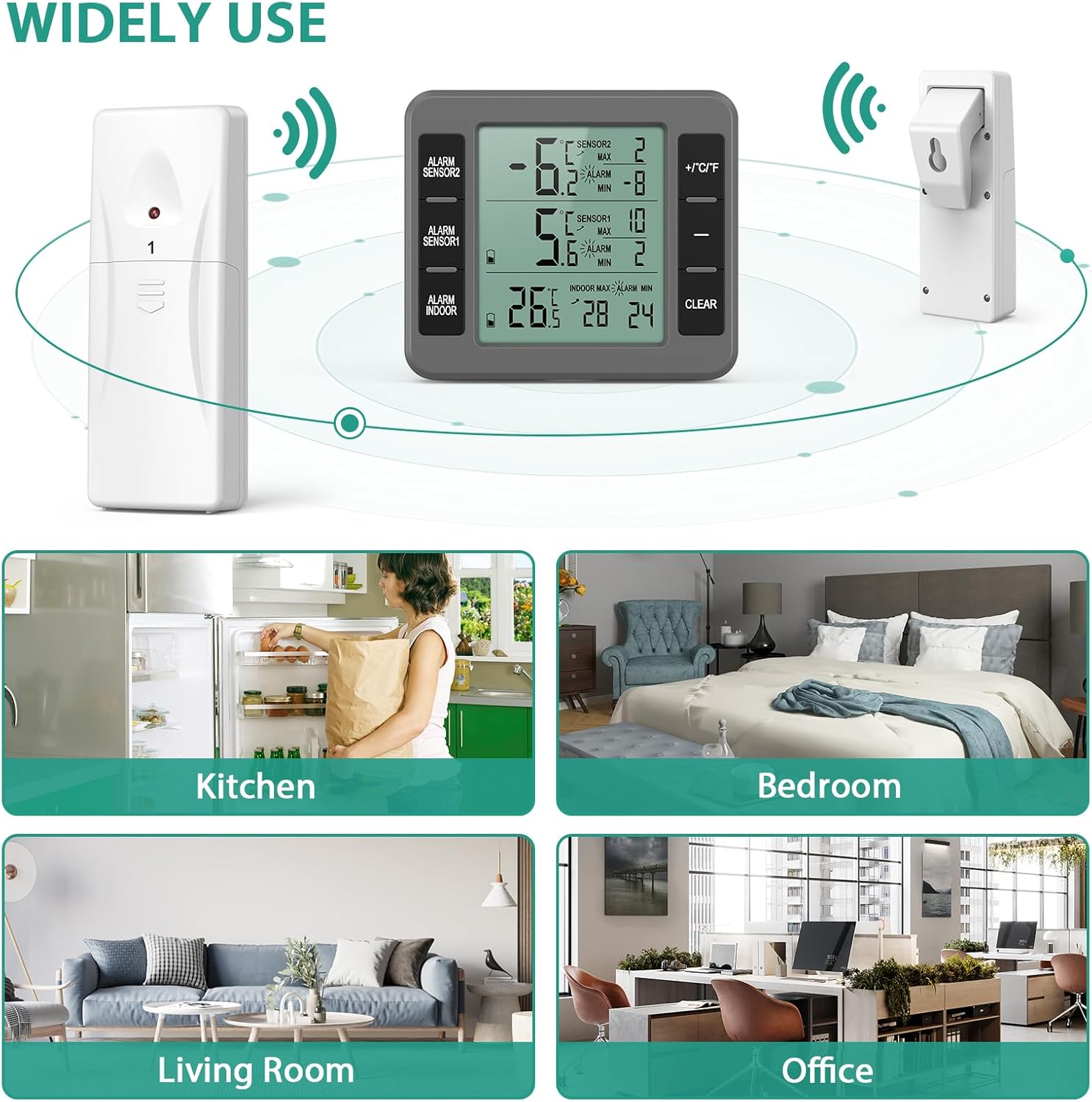 Diagram showing the function indications on the ORIA thermometer display, including MAX/MIN temperature, sensor readings, indoor temperature, and control buttons.