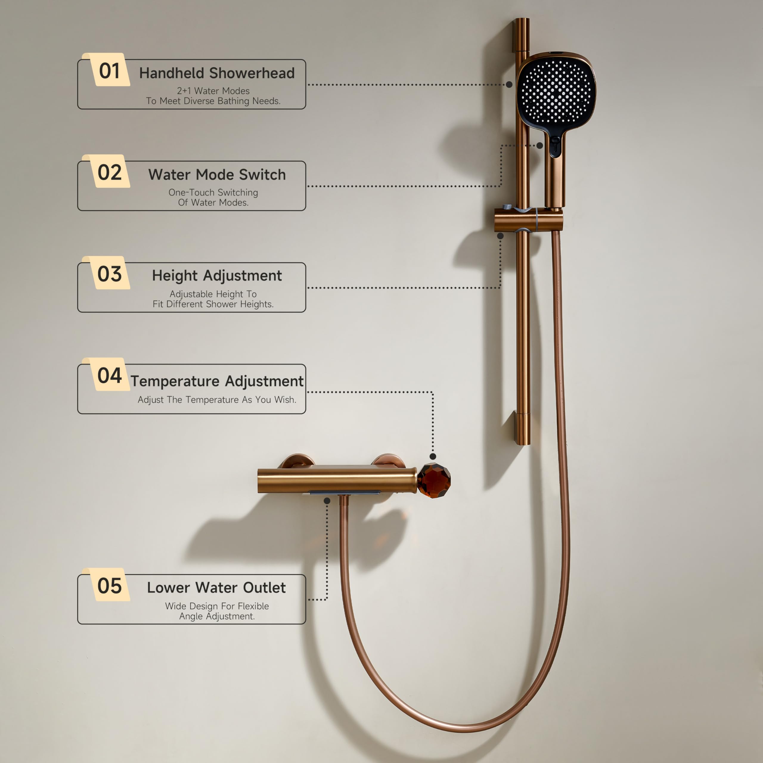 Colonna doccia,Set doccia con doccetta e bocca inferiore,Set doccetta con 2+1 tipi di getto,Doccia regolabile in altezza e angolazione,Oro rosa spazzolato Kit doccia completo