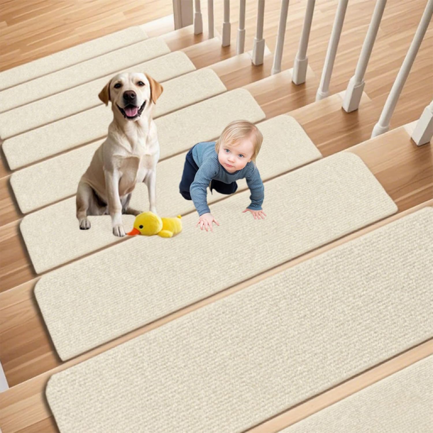 Lot de 15 tapis de marche d'escalier autocollants antidérapants pour l'intérieur 60 x 20 cm Tapis d'escalier antidérapant pour enfants, personnes âgées et animaux domestiques (beige)