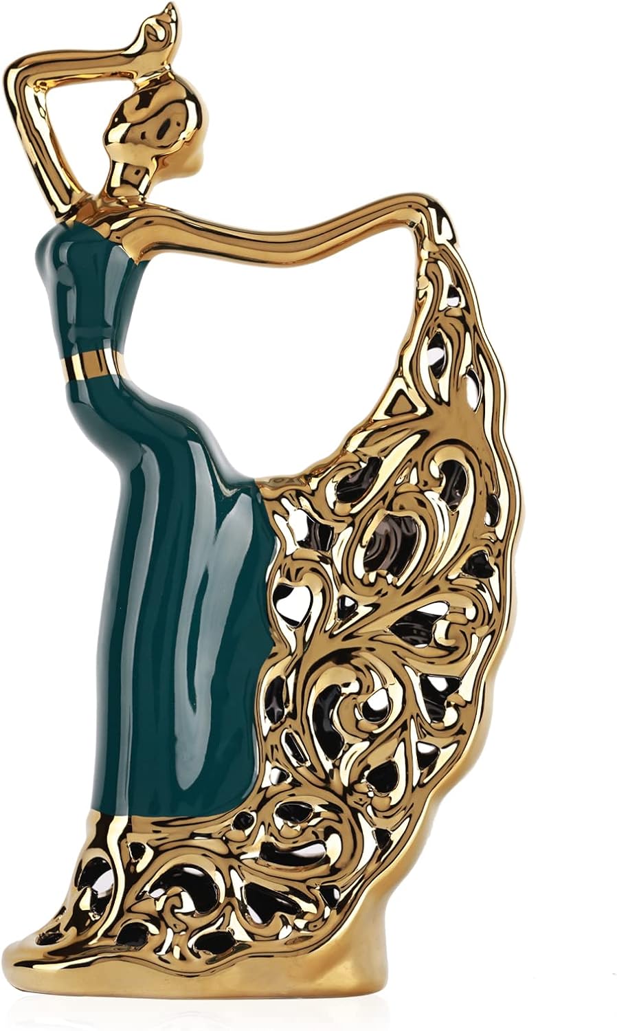 DOVDOV Ceramic Peacock Dancer Statue, Green and Gold Home Decor, Ballerina Sculpture, Peacock Home Decor for Room Corner Shelf Bathroom Shelf Corner Shelf TV Cabinet Corner Counter Top Decoration