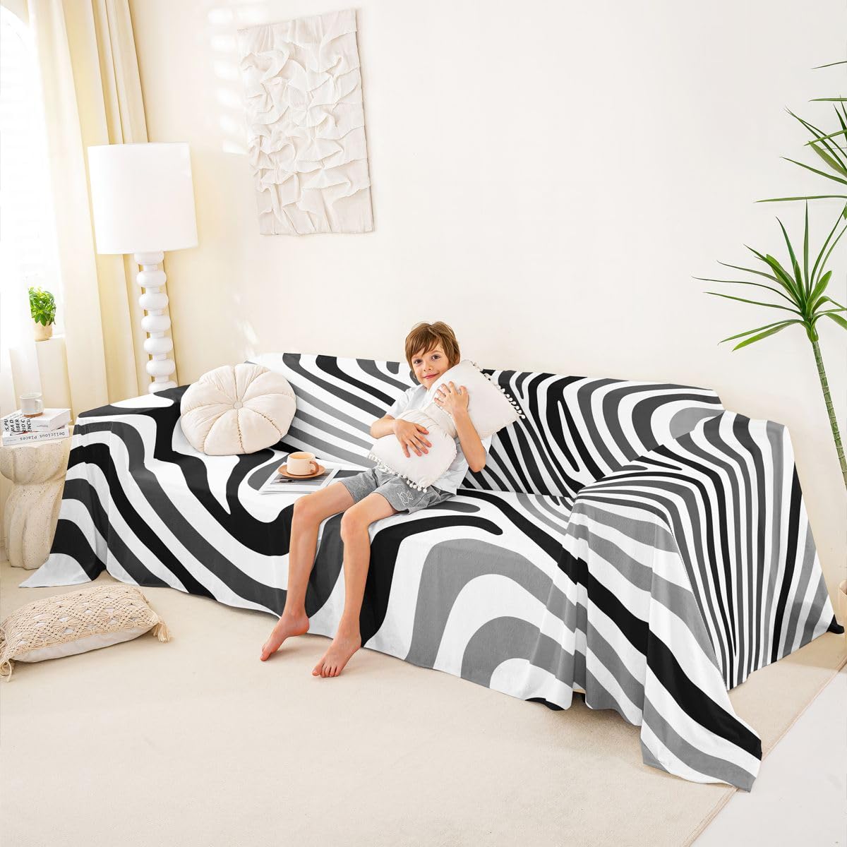 Homewish Funda de sofá geométrica en blanco y negro de 180 x 340 cm