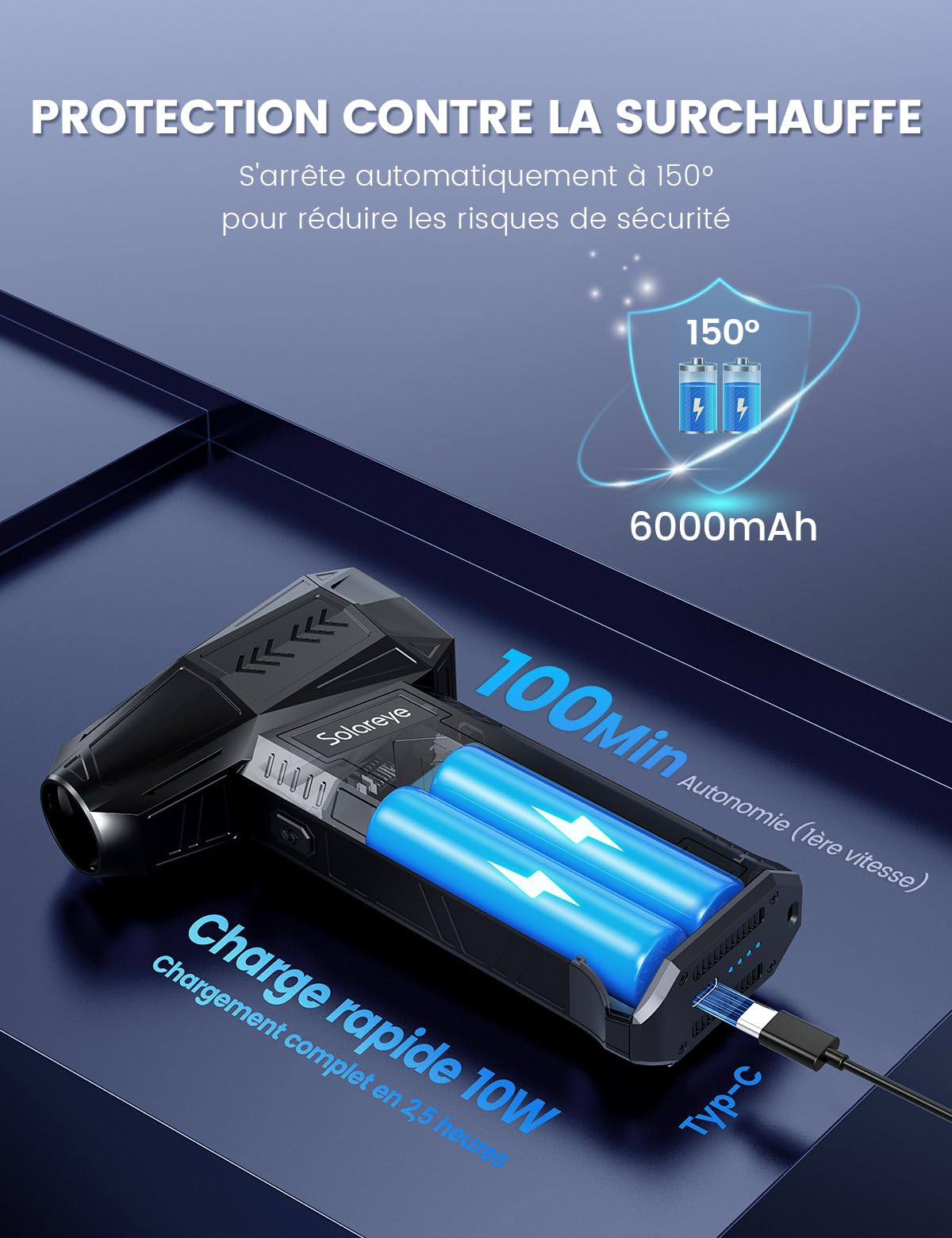 Solareye Souffleur Air Comprimé, 180000 TR/Min de Pulvérisation d’Air Comprimé avec Batterie 6000mAh, Soufflette Voiture, Bombe Air Sec pour Clavier, Électronique, Air Comprimé Nettoyage PC