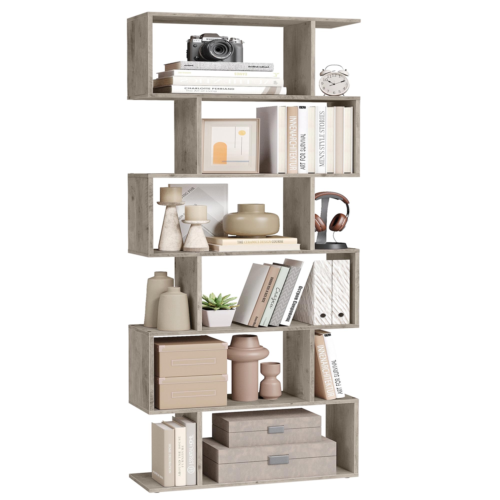 VASAGLE Bücherregal, Regal mit 6 Ebenen, 24 x 70 x 191,6 cm, Standregal, Büroregal, freistehend, Dekoregal, zur Präsentation, modern, für Wohnzimmer, Schlafzimmer, Büro, Greige LBC061M01