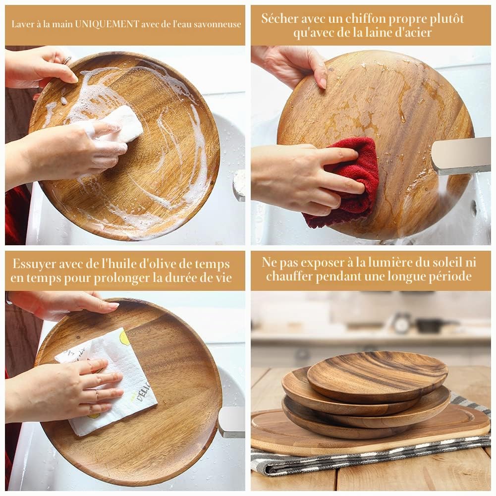 AOOSY Lot de 4 assiettes rondes en bois d'acacia - 27cm - Assiettes en bois pour manger des sandwichs, salades, fruits, charcuterie
