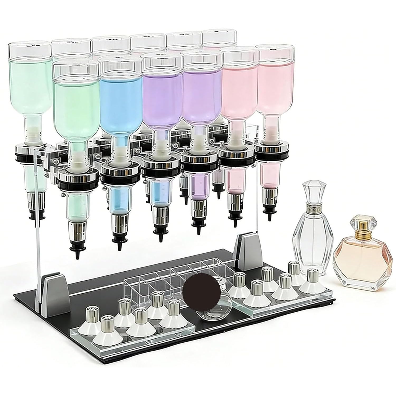 Ręczna pompka dozująca perfumy, zestaw szklanych butelek perfum z 12 stojakami testerowymi, płynny wypełniacz 200 ml, do sklepów i barów, łatwa stacja do napełniania