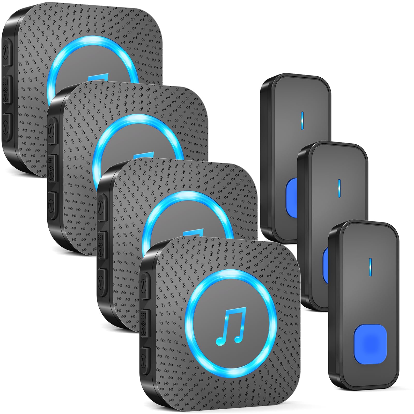 AIMAX Campanello senza fili con 3 trasmettitori e 4 ricevitori, kit campanello d'ingresso, portata 400 m, impermeabile IP55, 55 suonerie, 5 livelli di volume con flash LED, installazione wireless