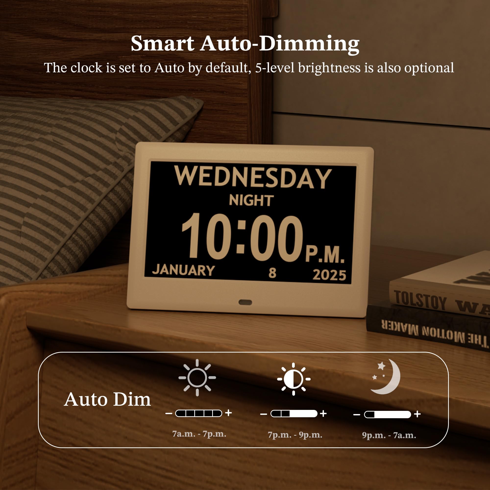 2025 NUOVO, Orologi digitali, 7 '' orologio demenza con data e ora per anziani, oscuramento automatico, 12 promemoria e 6 allarmi, pulsante e telecomando, auto DST, calendario digitale per anziani