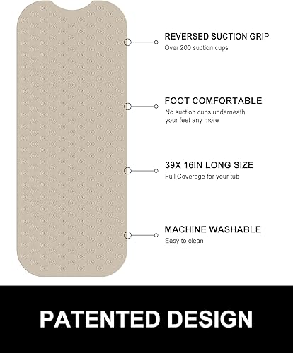 Miniatura 4 de OTHWAY Tapete de baño sin ventosa tapete de baño extra largo de 39 x 16 pulgadas, perfecto para tapete de bañera reacabado, hecho de caucho natural,