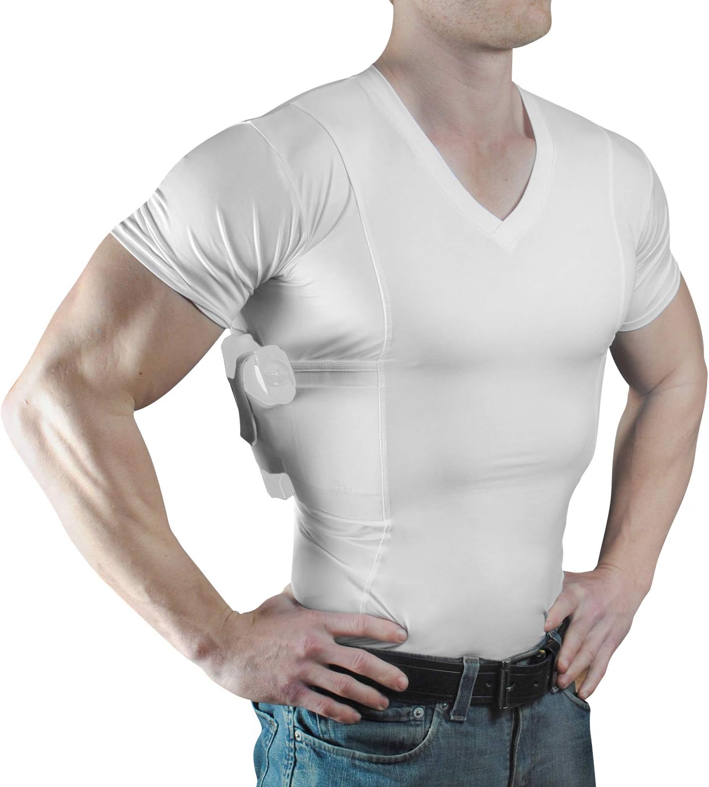 Men’s Pistol Holster Undershirt for CCW Concealed Carry, V- Neck, All-Day-Comfort Easy Breathe Compression Fabric