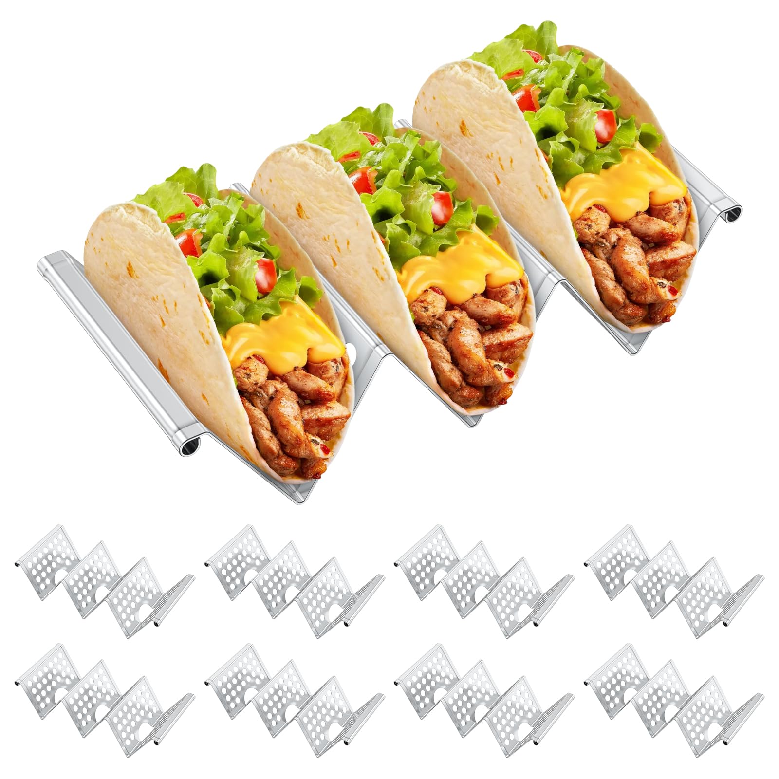 YUEKUNTJ 8Pcs Stainless Steel Taco Stand Rack, Metal Taco Stands, Stackable Tacos Holder, Tacos Serving Tray, Tortilla Holder Rack Up to 3 Grill Oven and Dishwasher Safe for Party Restaurant (8Pcs)