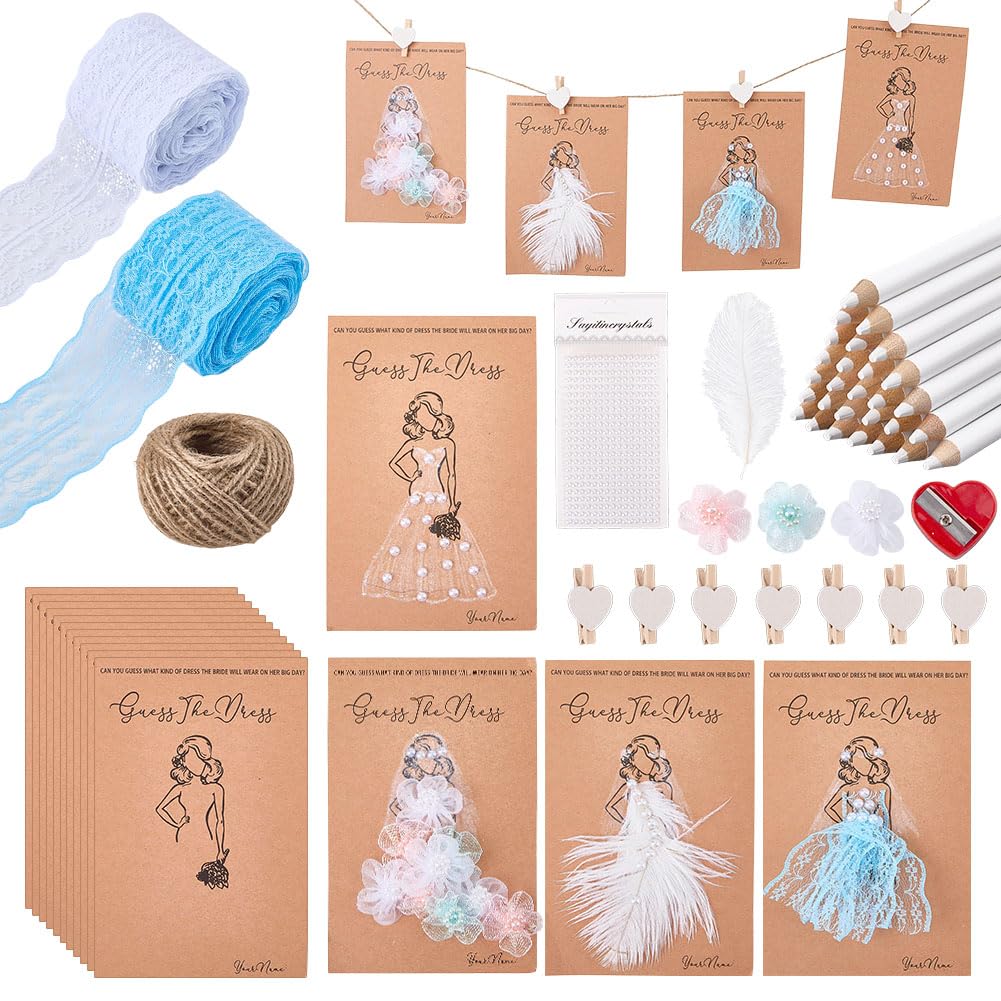 OLYCRAFT 30 set Guess the Dress Bridal Shower Games Fun Wedding Party Supplies Giochi Idee includono Wedding Shower Game Card Matita Pearl Sticker Clip Pizzo Trim Piuma Ornamento per Wedding Planners