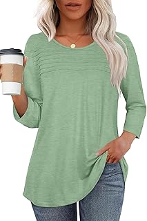rosemia 3/4 Length Sleeve Womens Tops Crewneck Casual Blouses Dressy Pleated Front Loose Fit T Shirts