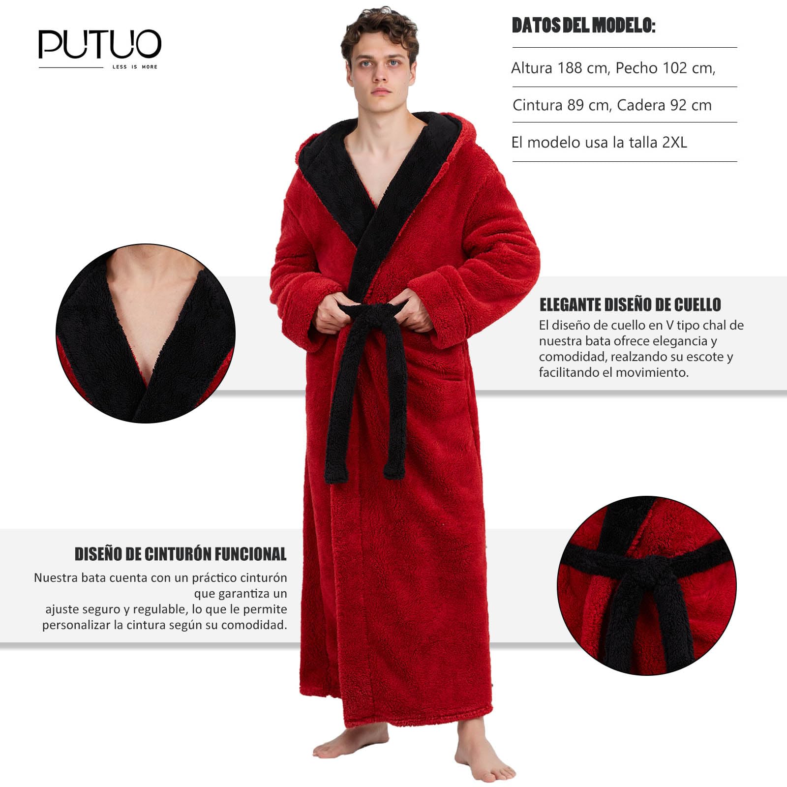 PUTUO Bata Hombre Albornoz de Invierno: Albornoz de Casa Polar de Invierno con Capucha para Hombre - Bata de Baño Cálida Microfibra para Caballero