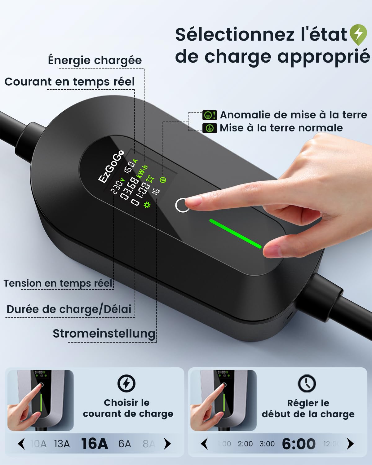 EzGoGo Chargeur Voiture Electrique 3,68 KW, 7 m, 6-16 A, Cable Recharge Voiture Electrique Type 2 avec écran LCD réglable & Indice IP65, pour Toutes Voitures électriques et PHEV (Norme IEC 62196-2)