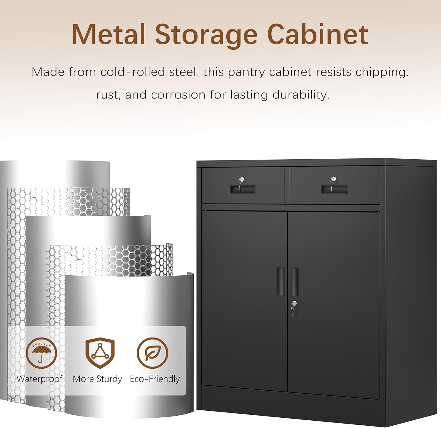 Metal Storage Cabinet with 2 Drawers, 36" H Locking Storage Cabinet, Metal Cabinets with Doors and Shelves for Home, School, Office, Garage, Black