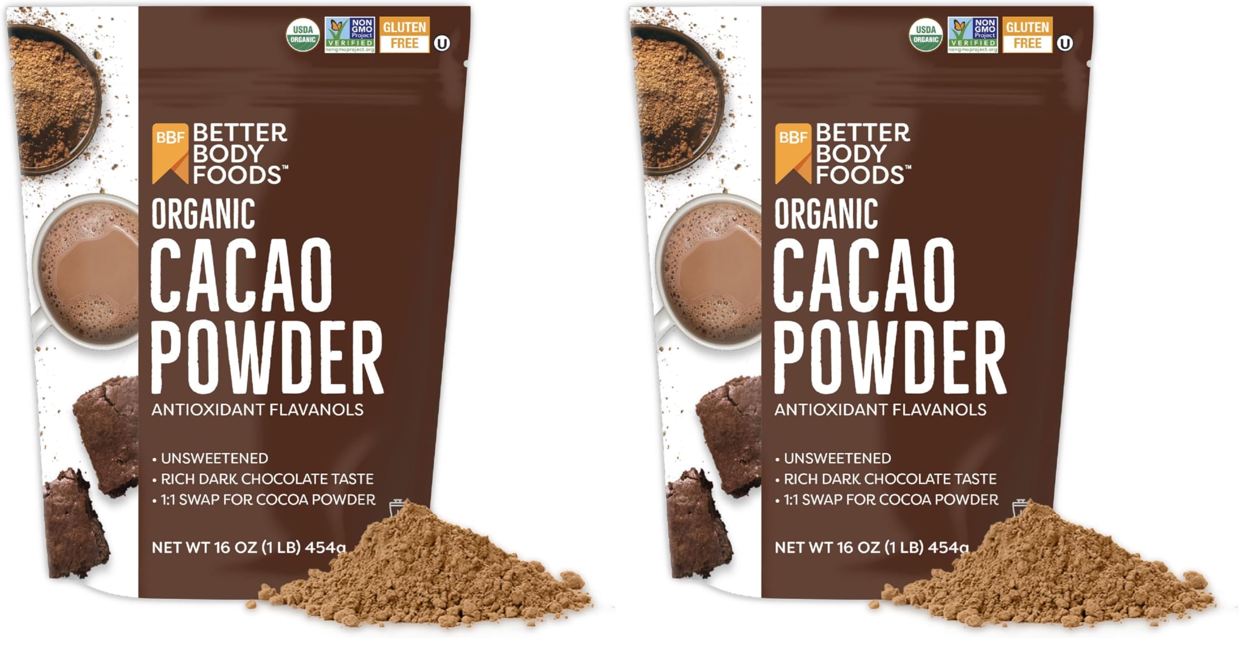 BetterBody Foods Organic Cacao Powder, Rich Chocolate Flavor, Non-GMO, Gluten-Free, Cocoa, 16 ounce, 1 lb bag (Pack of 2)