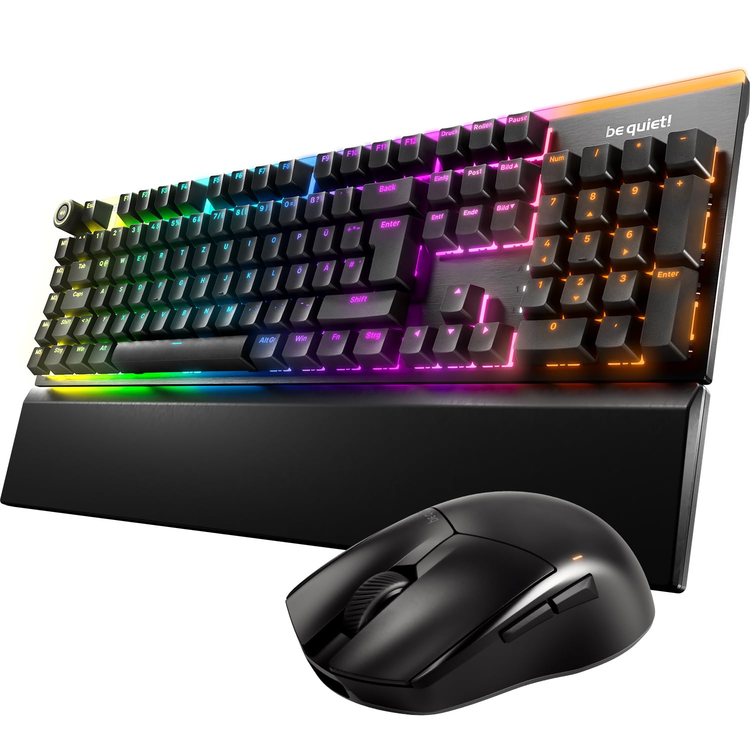 be quiet! Light Mount Mechanische Tastatur und Dark Perk Ergo Wireless Gaming Maus-Bundle, Leise Taktile Switches, ARGB-Beleuchtung, Leichte 55g, 32.000 DPI-Sensor, Bis zu 110 Stunden Akkulaufzeit