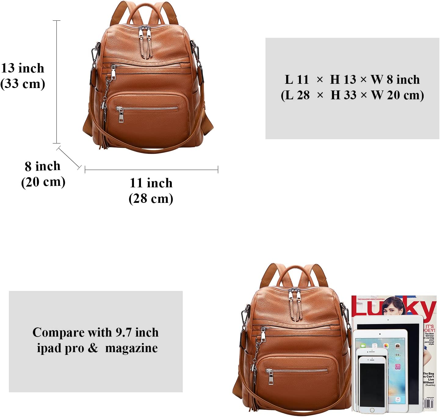 ALTOSY Genuine Leather Backpack Purse for Women Large Shoulder Bag With Laptop Compartment Multiple Pockets(S106 Brown) - Image 5