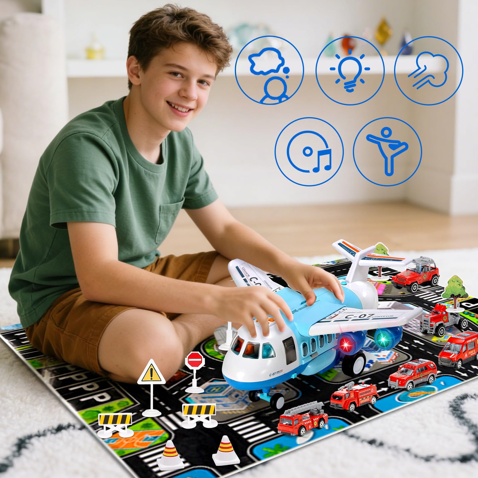 PQKL-party Jouet d'avion, avion de transport pour enfants, kit de jeu avec fumée, lumière et son