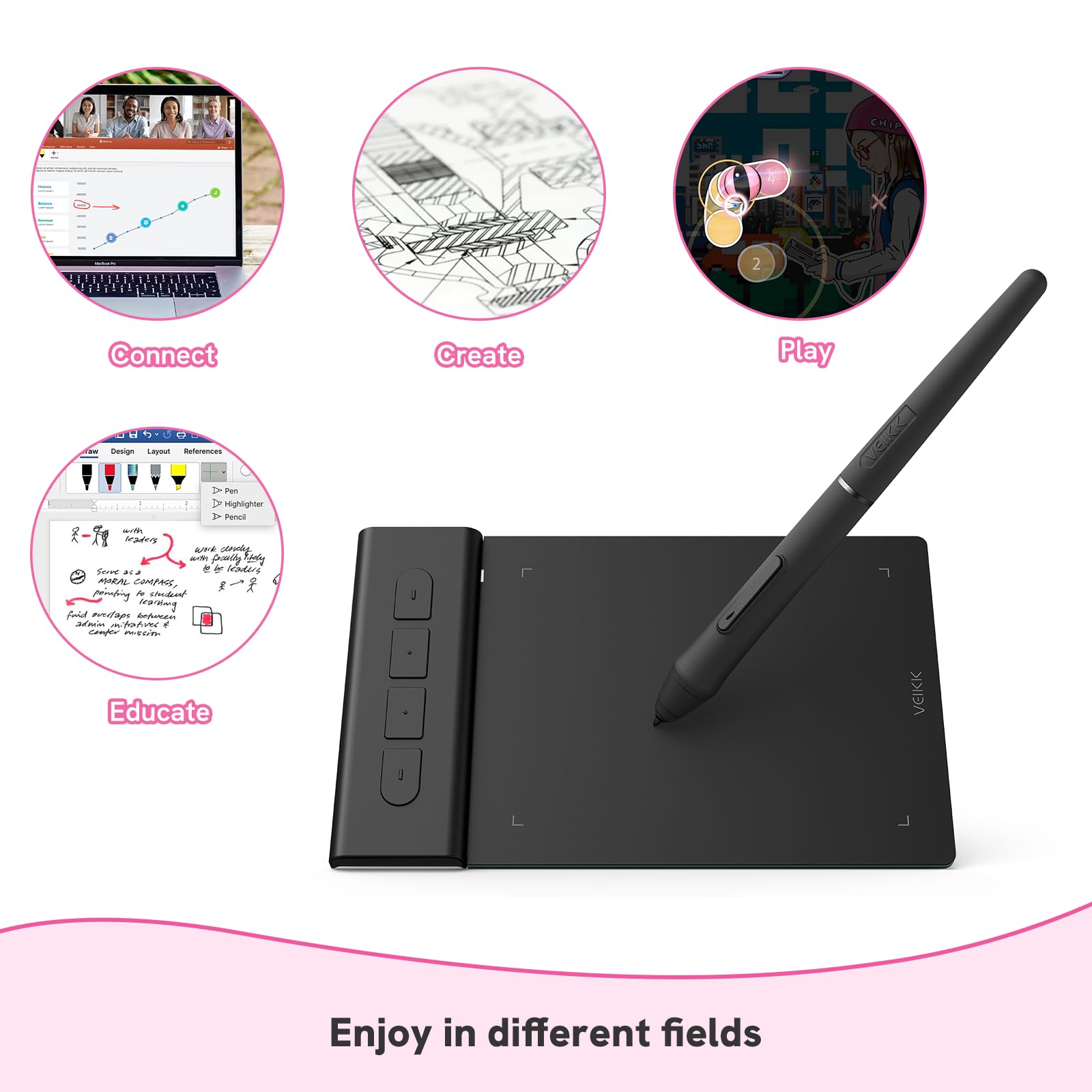 Tablette OSU VEIKK VK430 — Tablette Graphique 4 x 3 Pouces, Stylet sans Batterie avec Taux de Rapport de 290 RPS, 8192 Niveaux de Sensibilité à La Pression et 4 Touches Personnalisables