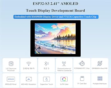 ESP32-S3 2.41inch AMOLED Touch Display Development Board, 600x450, 32-bit LX7 Dual-core Processor, Onboard Accelerometer and Gyroscope Sensor, ESP32 with Display (Without Case Version)