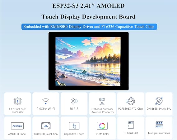 ESP32-S3 2.41inch AMOLED Touch Display Development Board, 600x450, 32-bit LX7 Dual-core Processor, Onboard Accelerometer and Gyroscope Sensor, ESP32 with Display (Without Case Version)