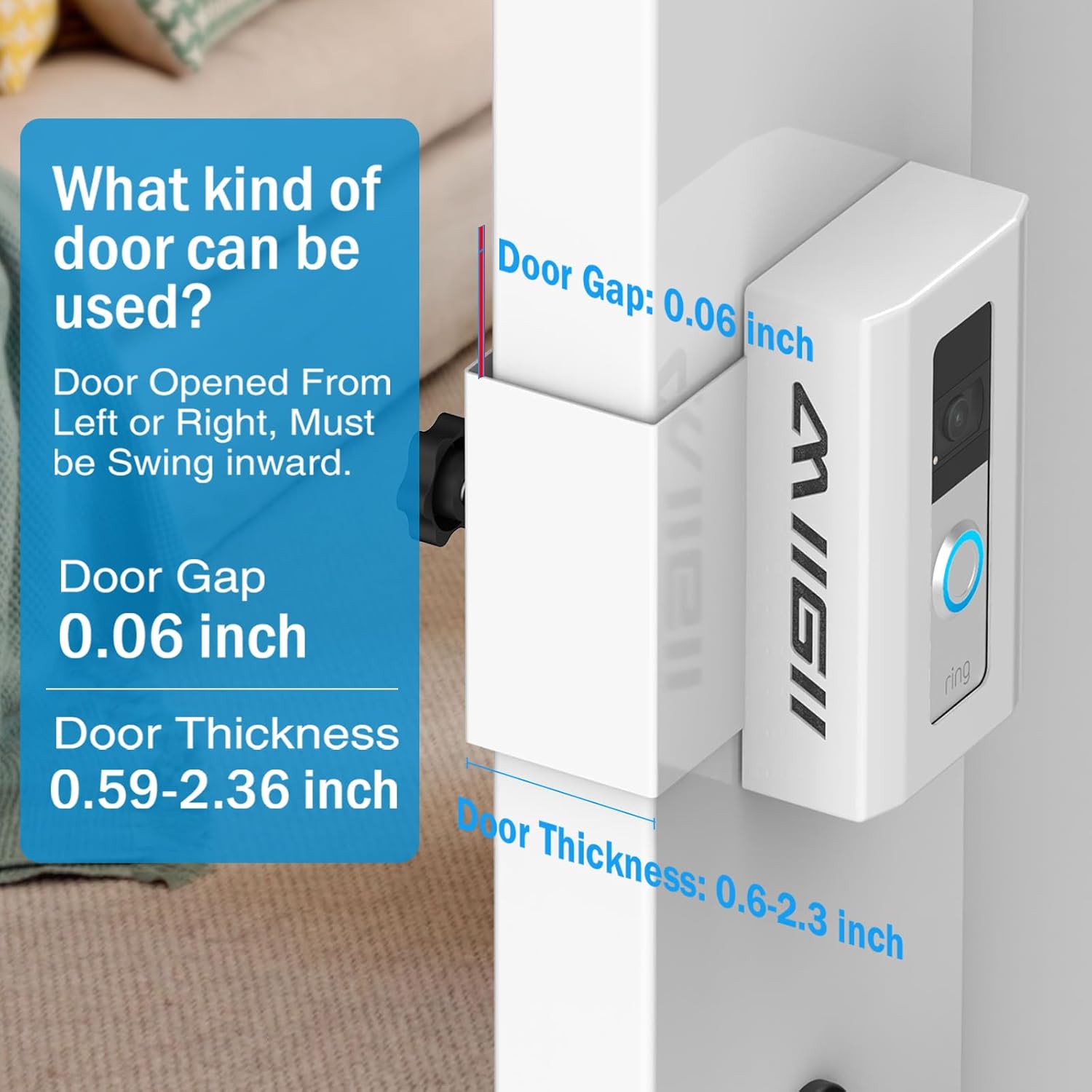 Anti-Theft Ring Doorbell Mount, Adjustable No-Drill Stainless steel Mounting Bracket Cover Holder Compatible with Ring Doorbell 4/3/2/1 for Home Rentals Office Room, White