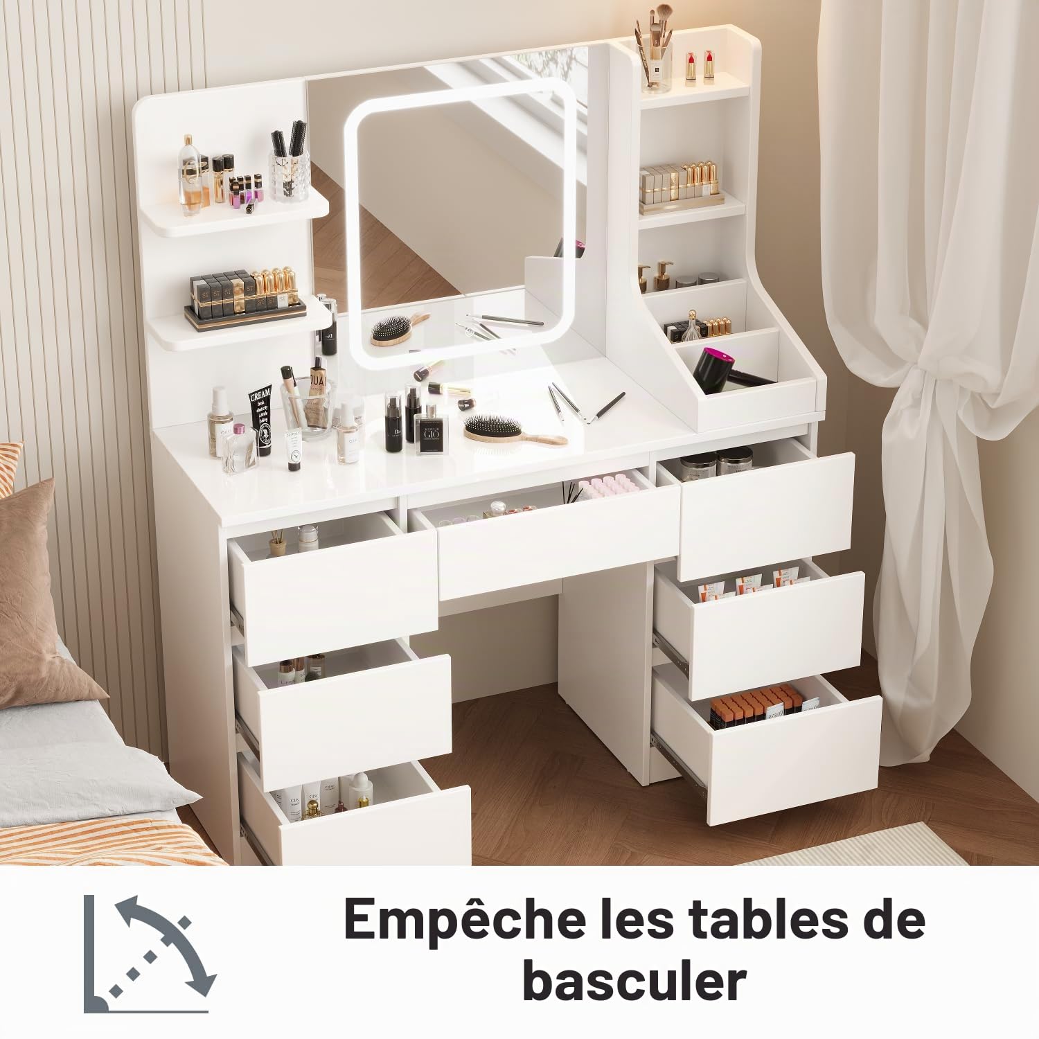 Devoko Coiffeuse LED avec 7 Grands Tiroirs, 3 Couleurs avec Luminosité Réglable, Table de Maquillage, Coiffeuse avec Miroir pour la Chambre à Coucher (Blanc)
