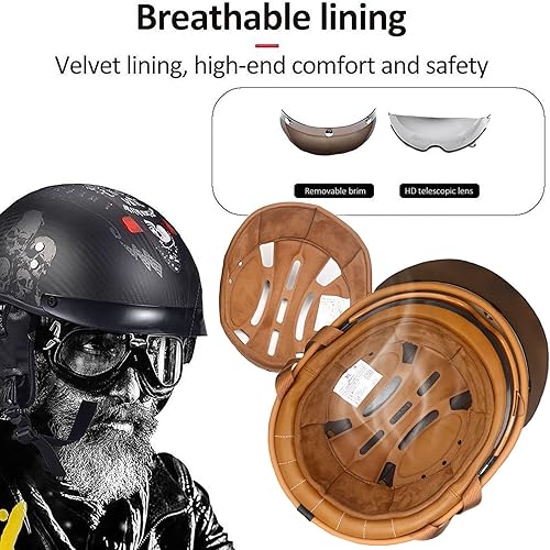 Miniatura 5 de Casco Moto Retro Jet para hombres y mujeres Homologado DOT, Medio Casco ABS, Ventilación Doble, Visera Retráctil y Forro Desmontable Fresco,