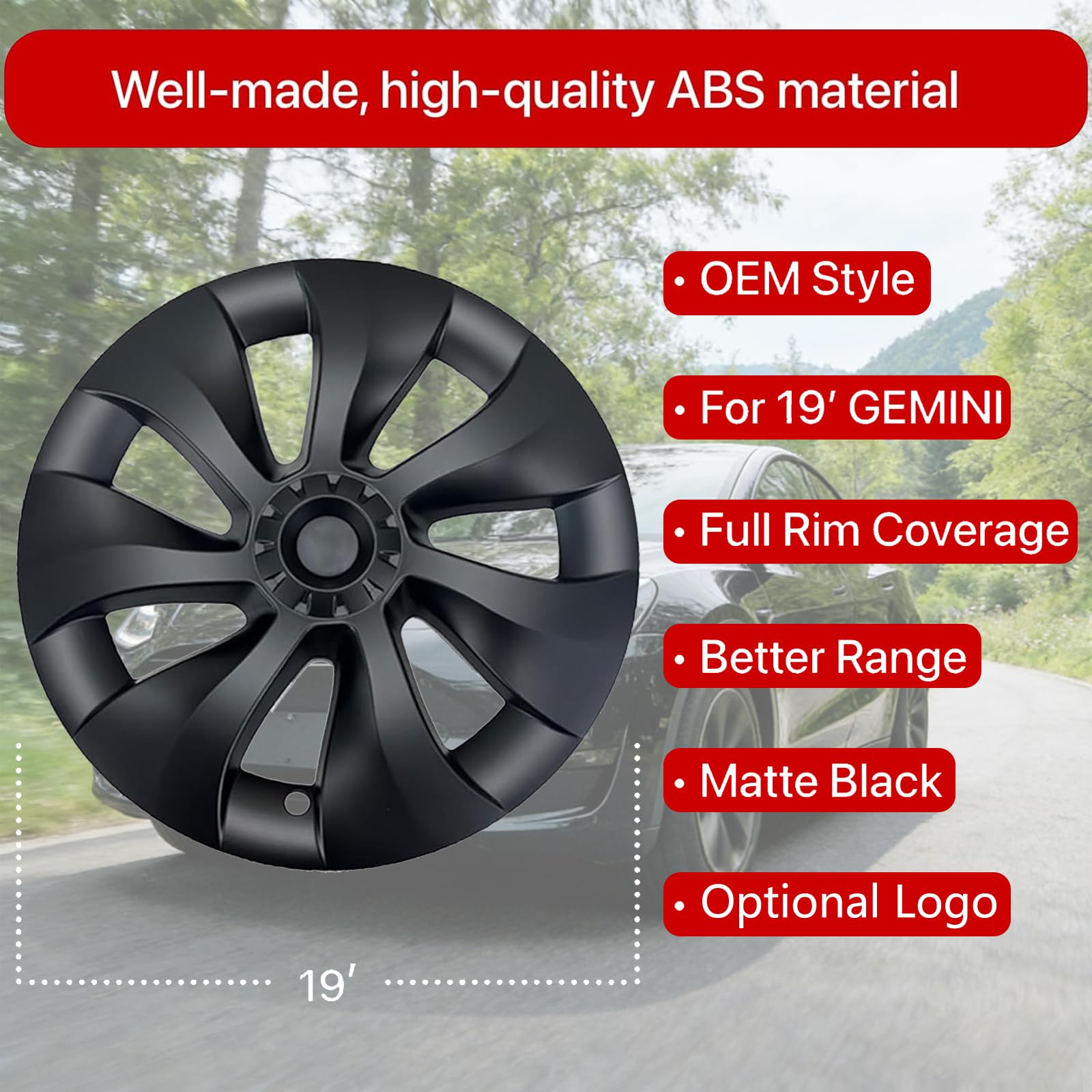 KAVANIC Lot de 4 enjoliveurs modèle Y de 48,3 cm, Style Cyclone, Noir Mat pour Tesla Model Y 2020-2024 – Enjoliveurs de Rechange avec Logo symétrique