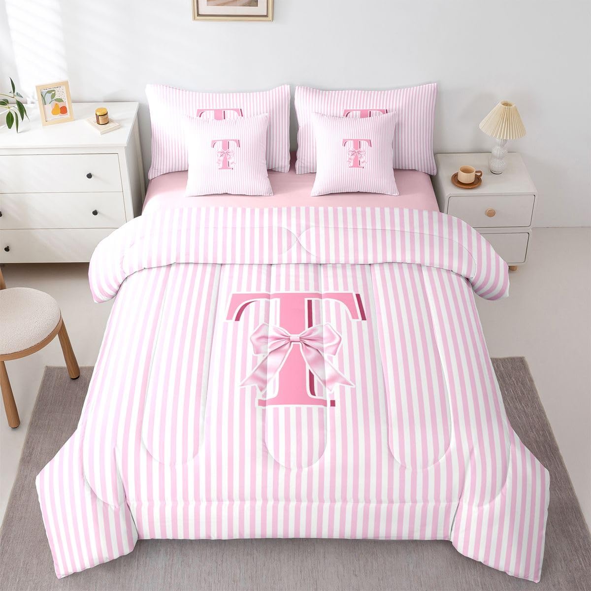 Erosebridal 7Pcs Aesthetic Bowknot Comforter Set with Sheets Coquette Preppy Bow Bed in A Bag Full Size with Monogrammed Initial Design Letter J Sheets Set with Comforter