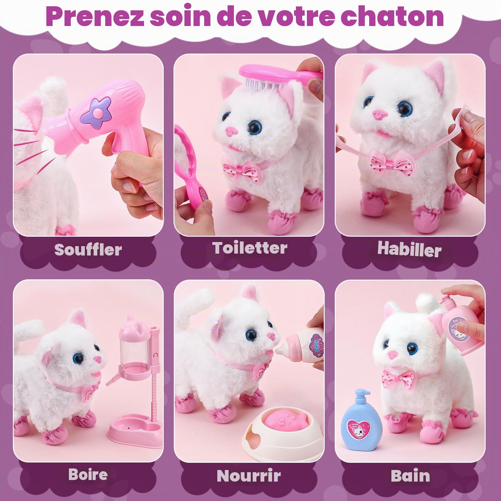 Tacobear Jouet Electronique en Peluche Chat Fille 3 4 5 6 Ans, avec Interactif Chat & Poussette de Poupee & Accessoires de Animaux Jeu de Role Jouet Cadeau Noël Danniversaire Enfant Fille 3-6 Ans