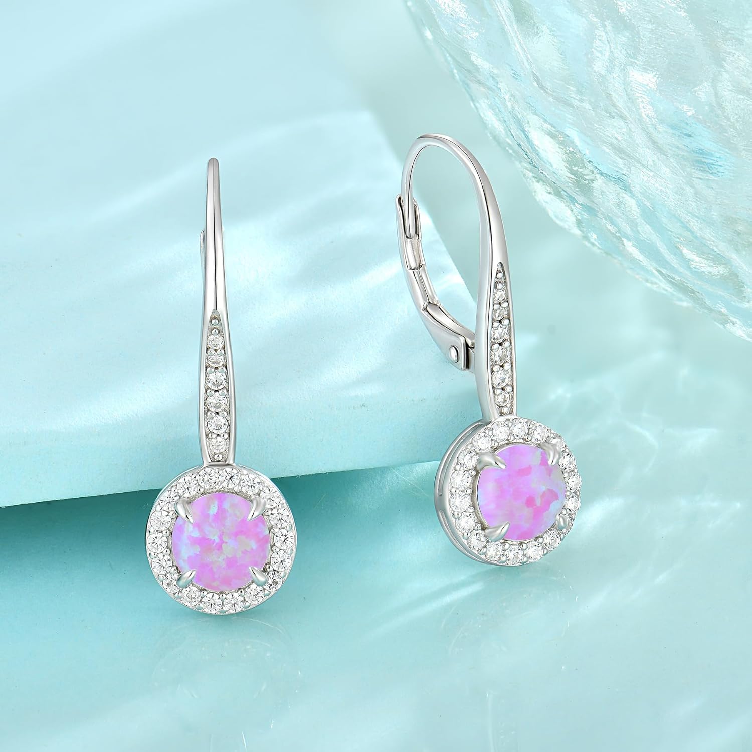 Opal Dangle Drop Earrings for Women 925 Sterling Silver Round Opal Leverback Earrings Gemstone Jewelry for Women White/Blue/Pink/Green - Image 4