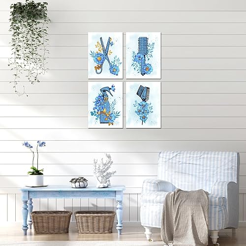 Miniatura 3 de sechars Peluquería decoración de pared herramientas de peluquería pintura pintura lienzo impresiones azul moda arte de pared para sala de maquillaje