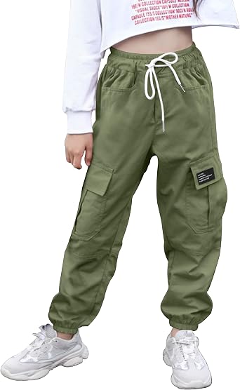 Girls Cargo Pants Elastic Waist Cargo Jogger Pants with Pockets