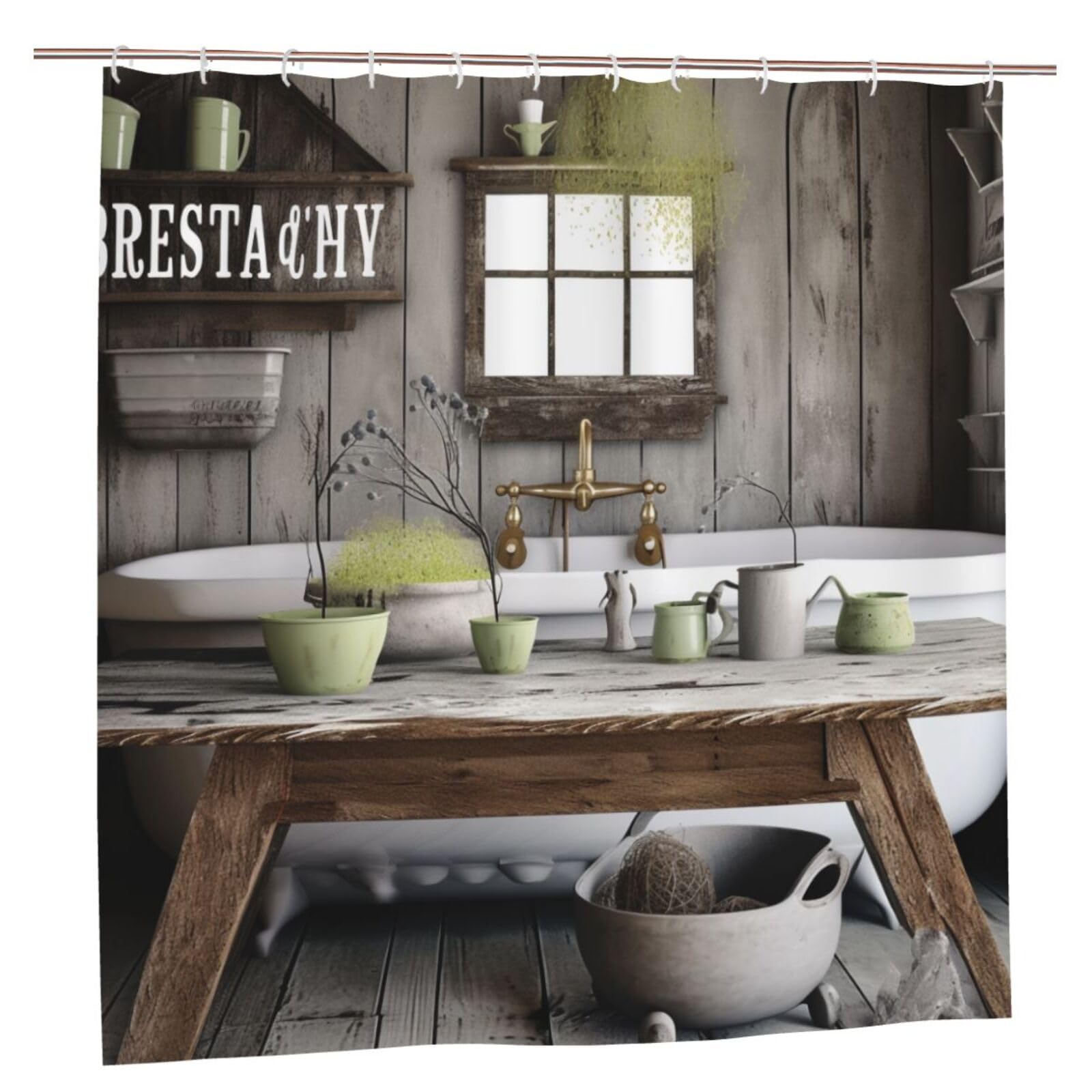 BWWHCCTI Farmhouse Rustic Printed Shower Curtain With 12 Plastic Hooks Opaque Quick Drying Waterproof Shower Curtains Sets For Bathroom 183x183 CM