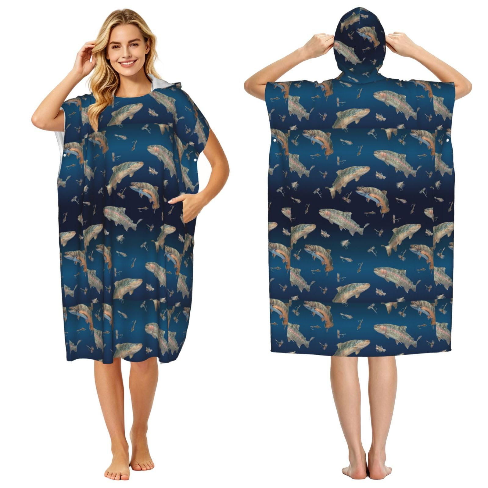 Poadnly Swimming Fish On Ombre Fleece, Adult Hooded Beach Towel 90 x 110 cm,Changing Bath Robe, Surf Poncho Towel For Women Men
