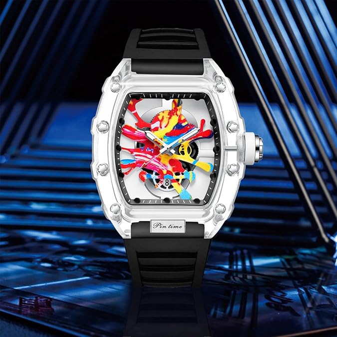 PINTIME Mens Luxury Tonneau Fashion Hallow Punk Graffiti Art Dial Hip-hop Unique Sports Wrist Watch Japanese Movement Luminous Design with Silicone Band