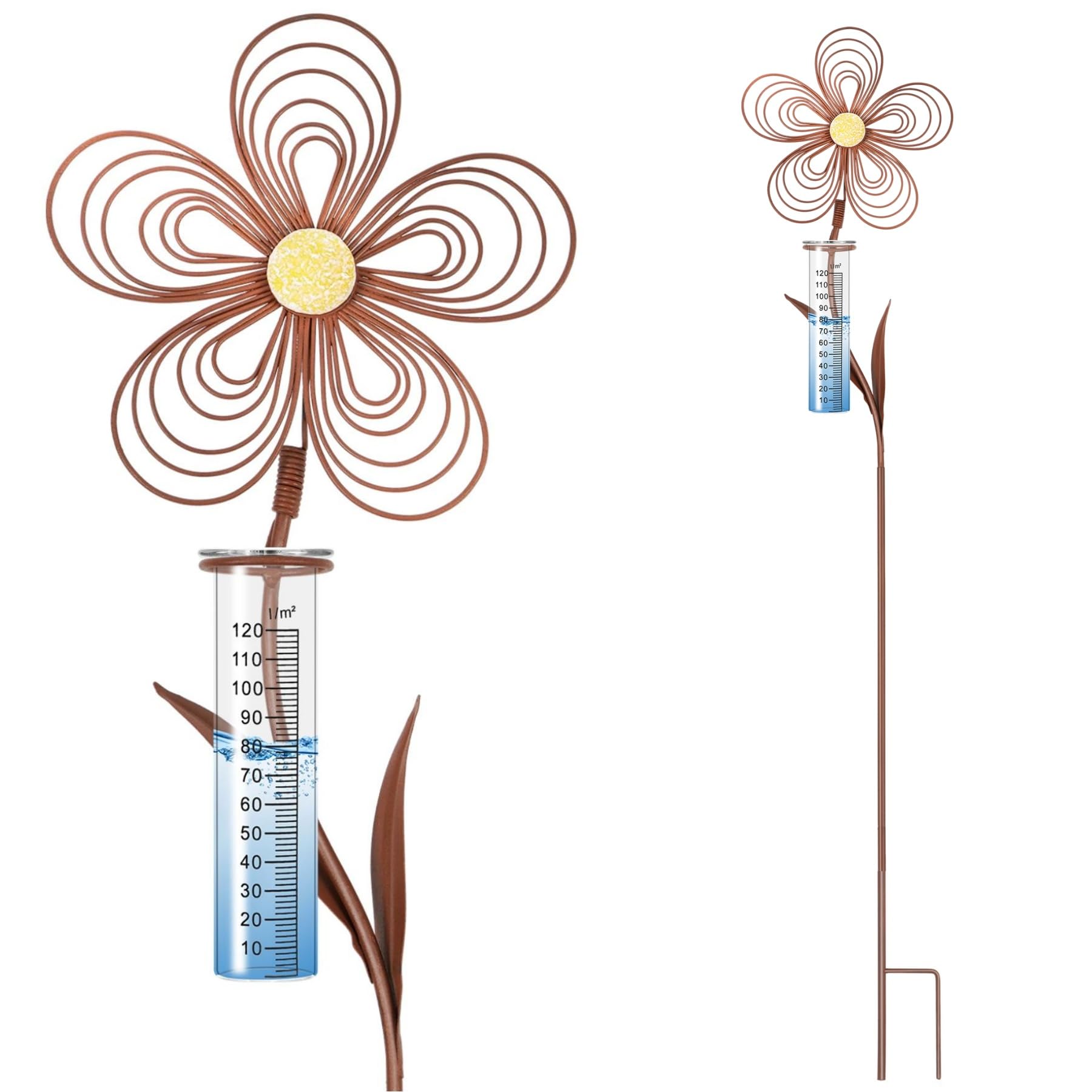 Regenmesser für Garten frostsicher 110 cm Hoch, Dekorativer Niederschlagsmesser aus Glas mit Metall Blumenstecker, Gartendeko in Rostoptik mit Erdspieß