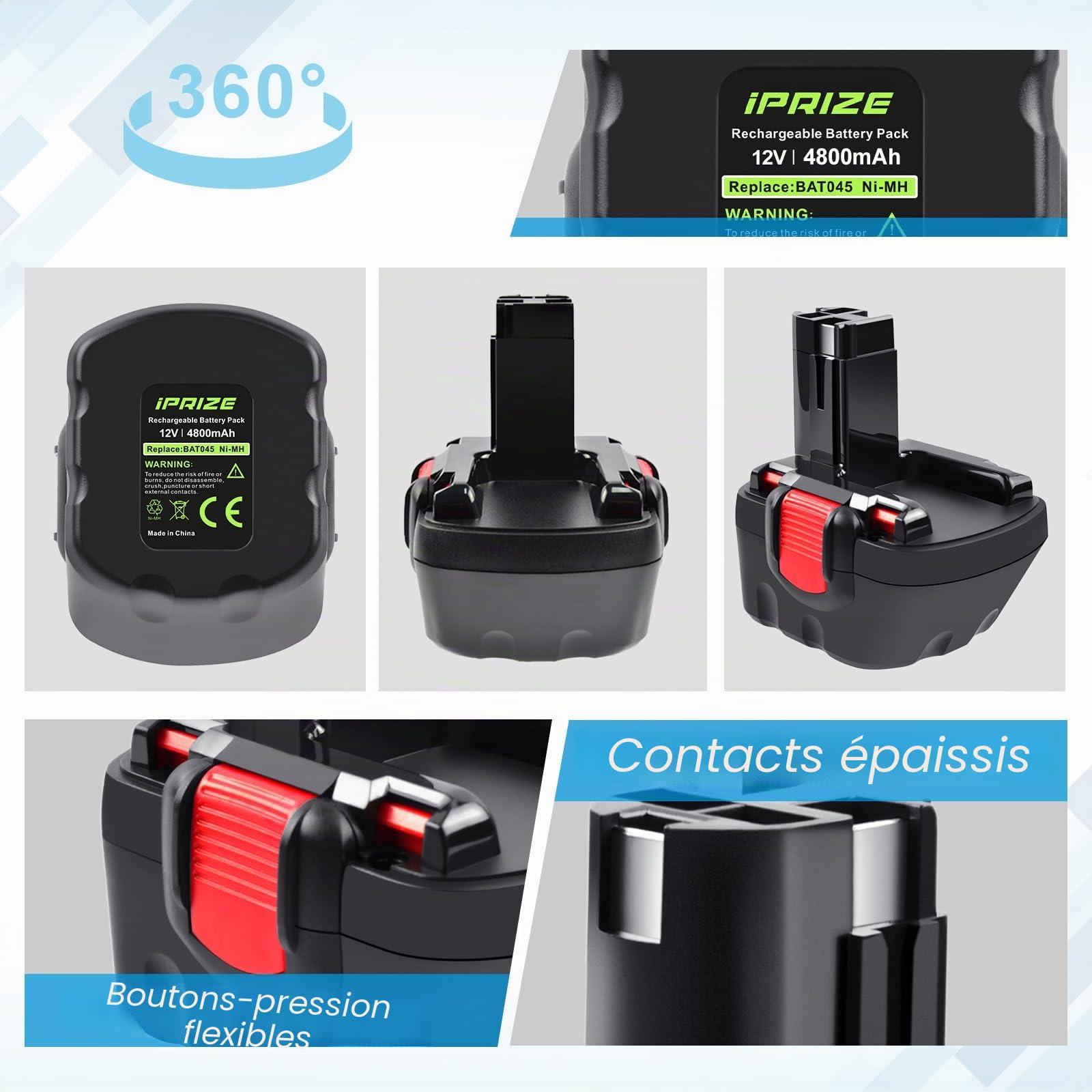 2X iPrize 12V 4.8Ah Ni-MH Batterie pour Bosch 2607335261 2607335274 2607335375 2607335415 2607335454 2607335541 2607335675 BAT043 BAT045 BAT046 BAT049 BAT120 BAT139 PSR 12VE-2 GSB 12 VE-2 GSR 12 VE-2