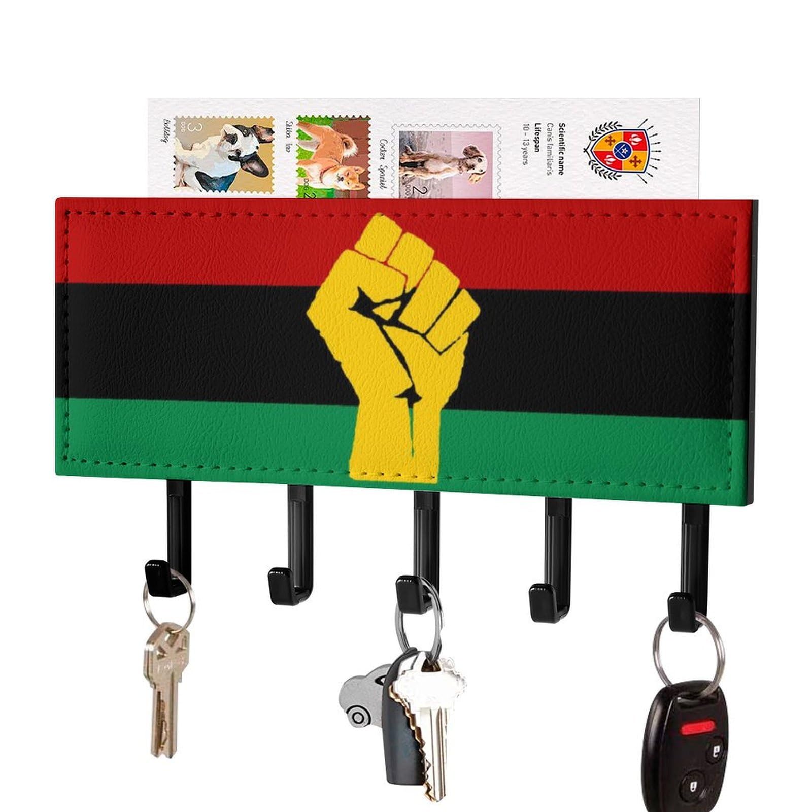 NCLQVJXZKHW Black Power African Flag Key Holder with 5 Hooks Key Hooks Wall Mounted Key Racks Key Hanger Organiser Shelf