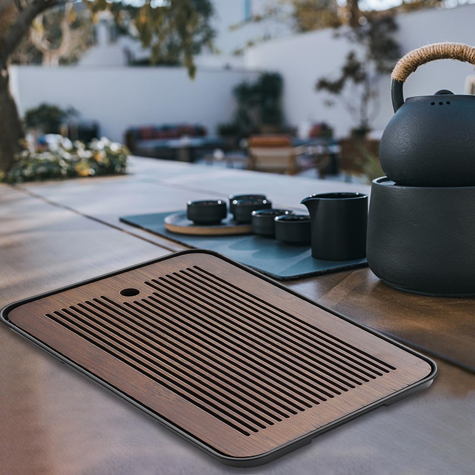 Bamboo Tea Tray Kungfu Tea Table Tea Set Accessory 14.17'' x 9.45'' with Water Storage Drainage for Office Home, Dark Brown