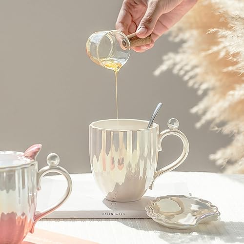 Miniatura 6 de Juego de 2 tazas de café de 14 onzas, tazas de cerámica con concha de perla con tapa y cuchara para bebidas, capuchino, café con leche, leche y té,