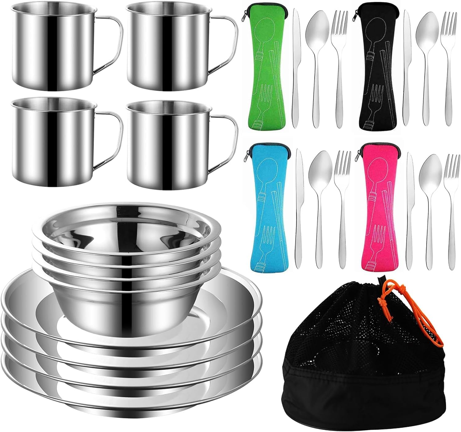 Ensemble de couverts de camping en acier inoxydable comprenant assiette, bol, cuillère, fourchette, couteau dans des poches en maille pour le camping et les randonnées