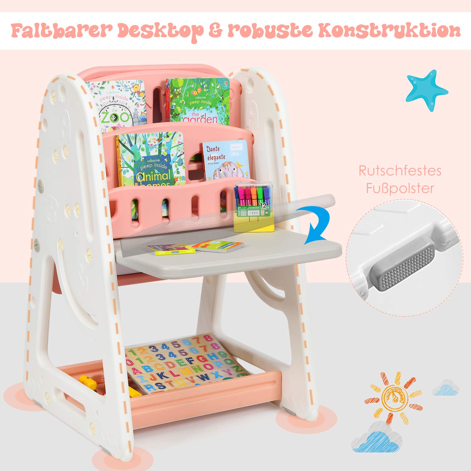COSTWAY 2 in 1 Kinder Staffelei & Kindersitzgruppe mit Bücherregal, Kindertisch & -stuhl mit Aufbewahrungsablage und klappbarer Tischplatte, Standtafel mit Malzubehör (Orange)
