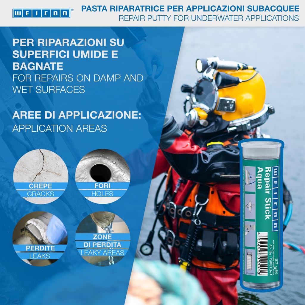 WEICON Barretta Acqua | 2 Componenti Adesivo Speciale | Resina Epossidica | Riparazione Rapida Di Ratori, Piscina, Marittimo, Subacqueo, Bianco, 57G