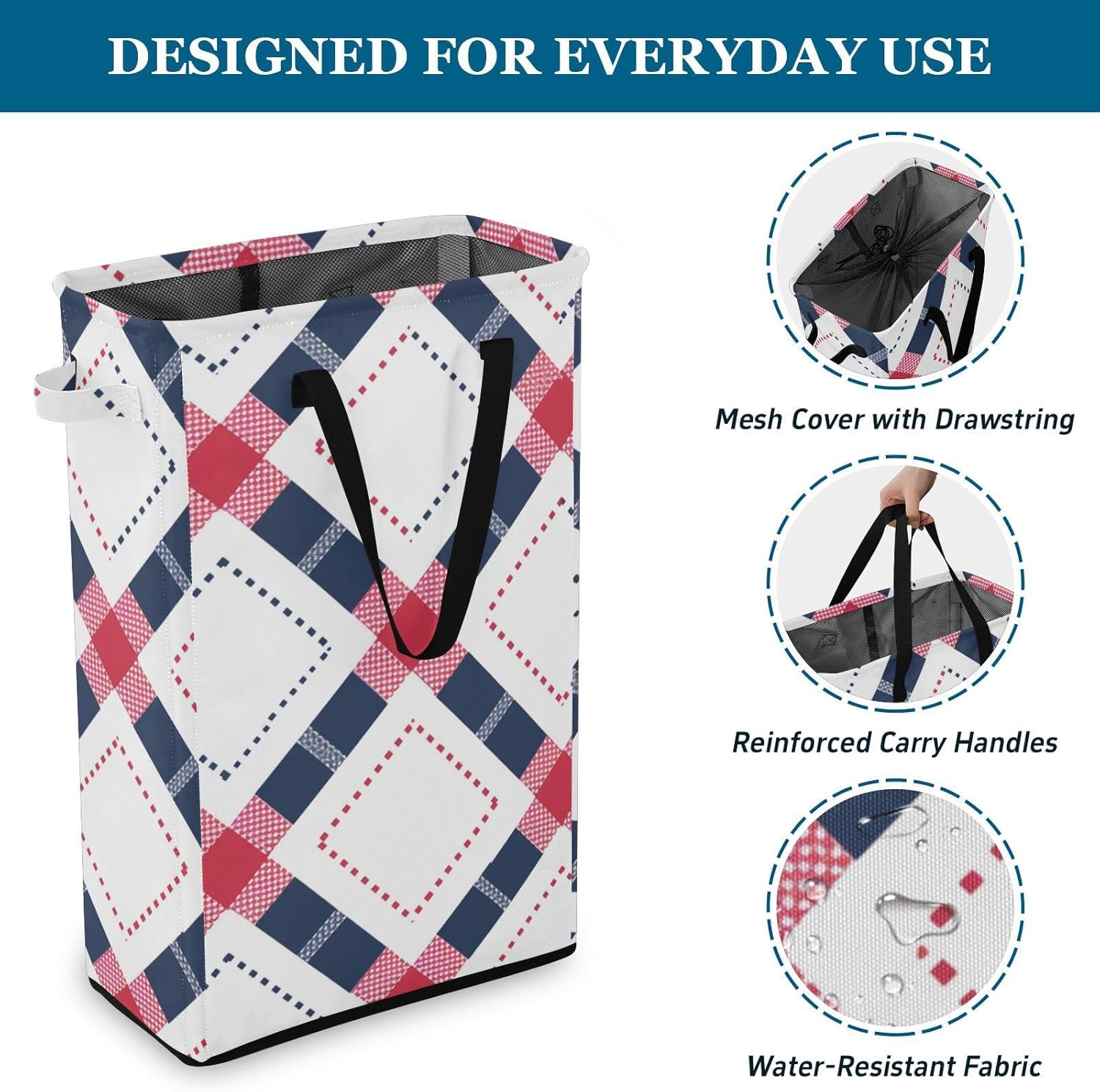 Blue Red Lines Buffalo Laundry Can with Handles Laundry Room Baskets Stand up Boys and Girls Clothes Hampers for Closet cesto ropa sucia