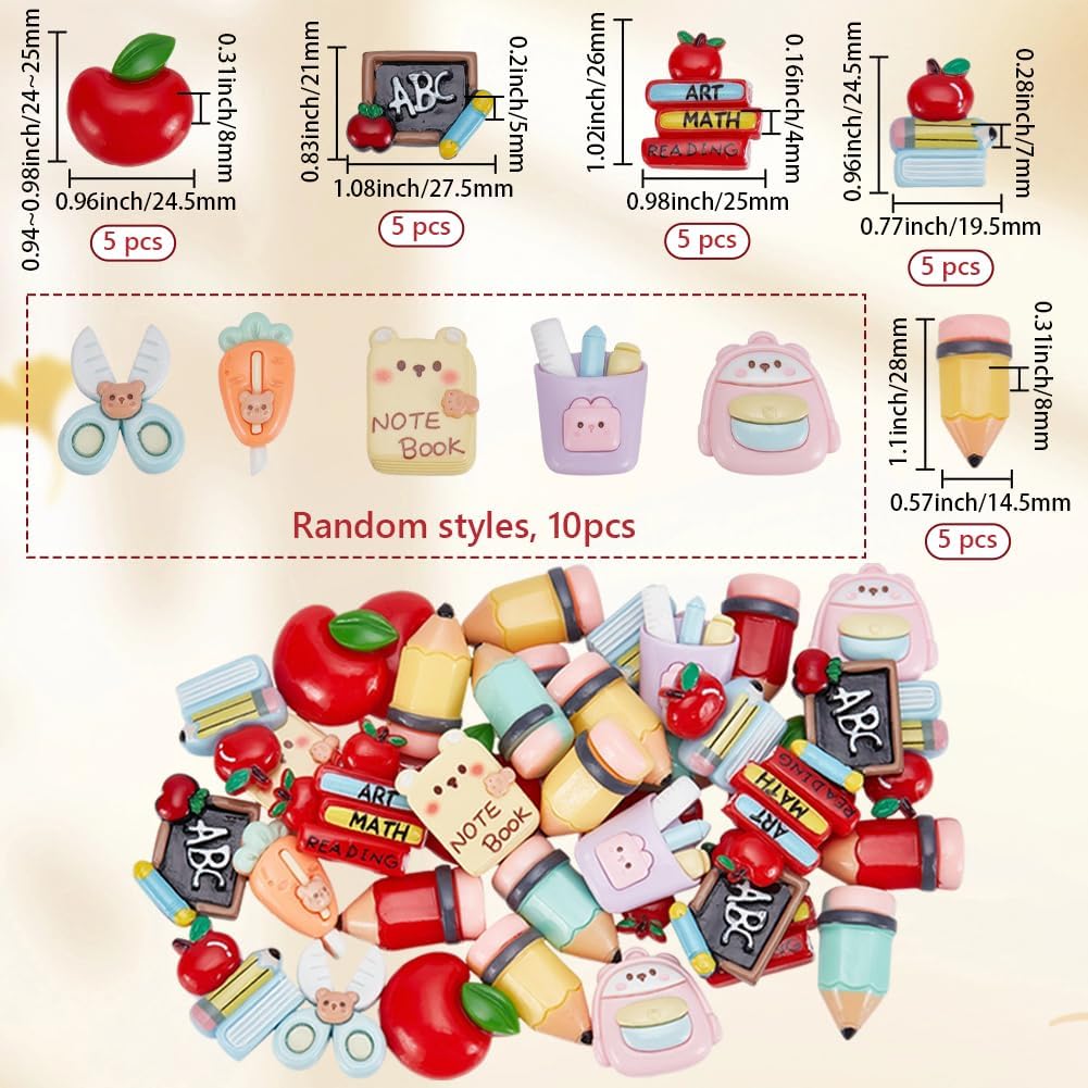 SUNNYCLUE 1 Box 45Pcs Assorted School Charms Teacher Cabochon Bulk Colorful Mixed Opaque Resin Pencil Book Apples Bear Back to School Cabochons for Jewelry Making DIY Craft Scrapbooking Embellishment